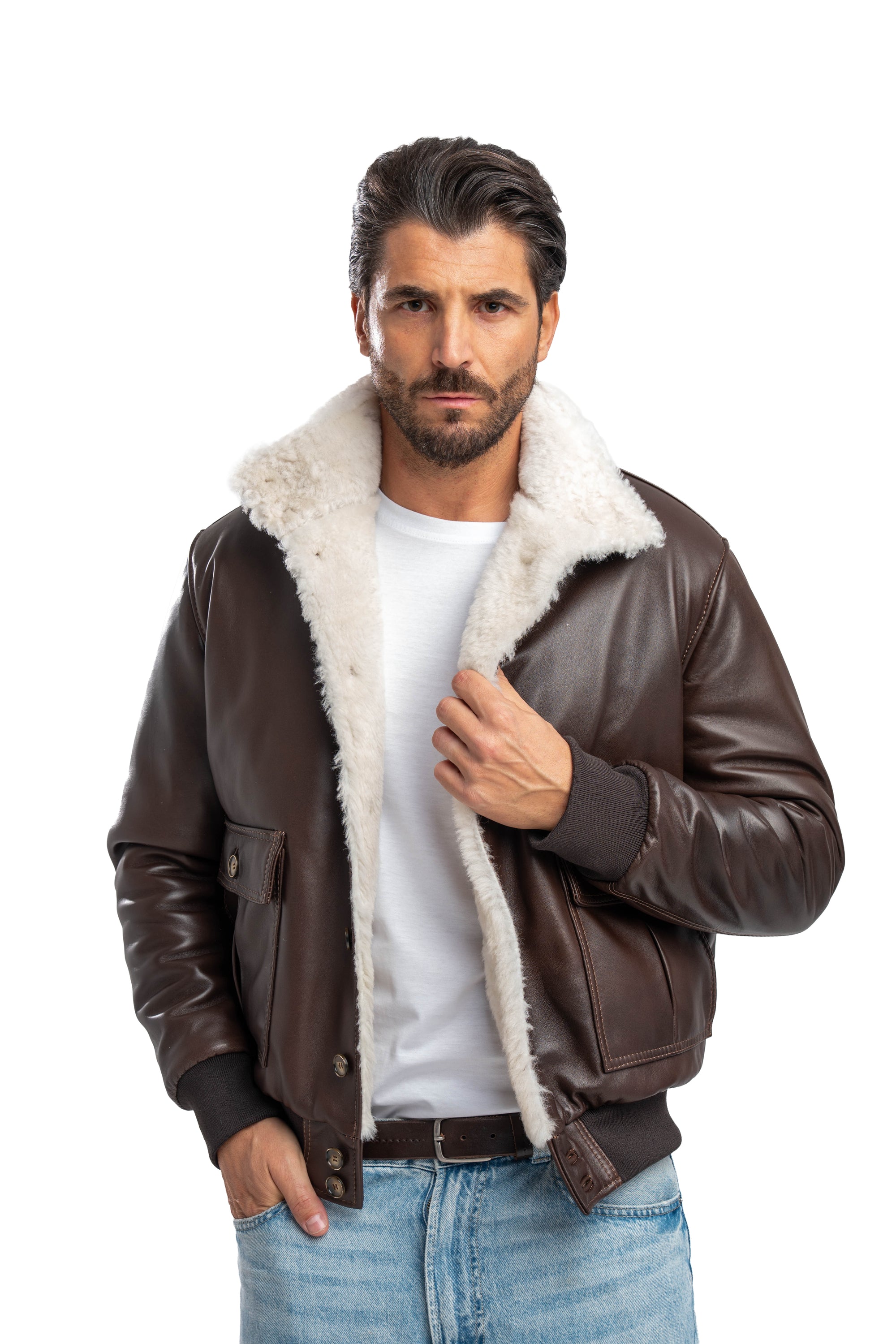 Bomber interamente in montone marrone pelo bianco VAST 2