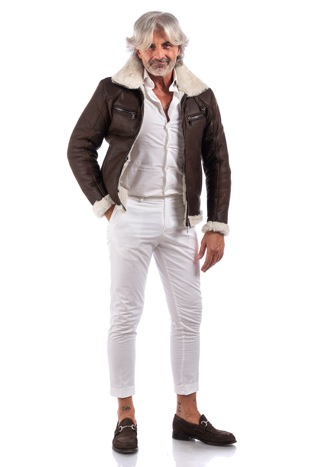 Bomber 77 in montone marrone pelo bianco con zip
