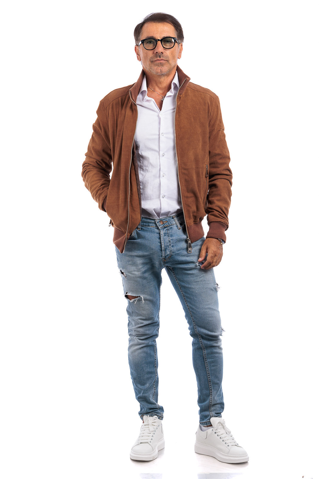 Bomber in camoscio di renna uomo con zip NUV biscotto