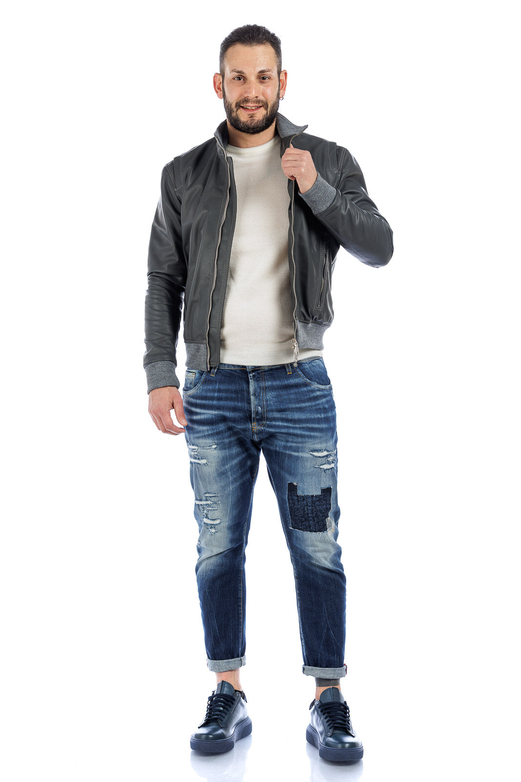 Bomber in pelle con zip grigio STE 2