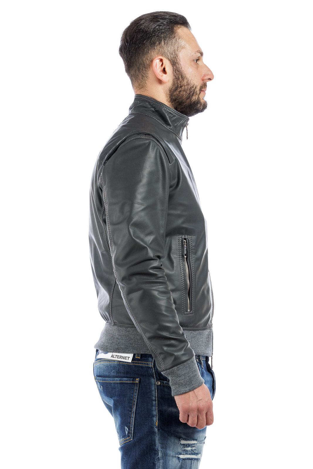 Bomber in pelle con zip grigio STE 2