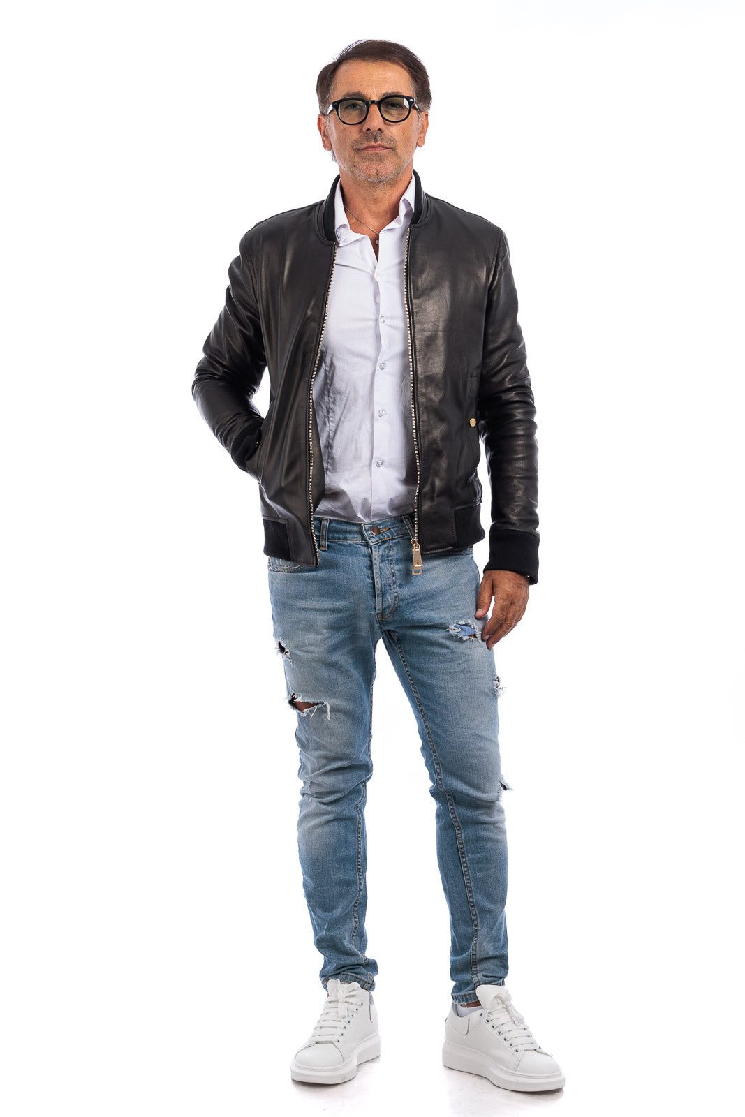 Bomber in pelle con zip nero monza