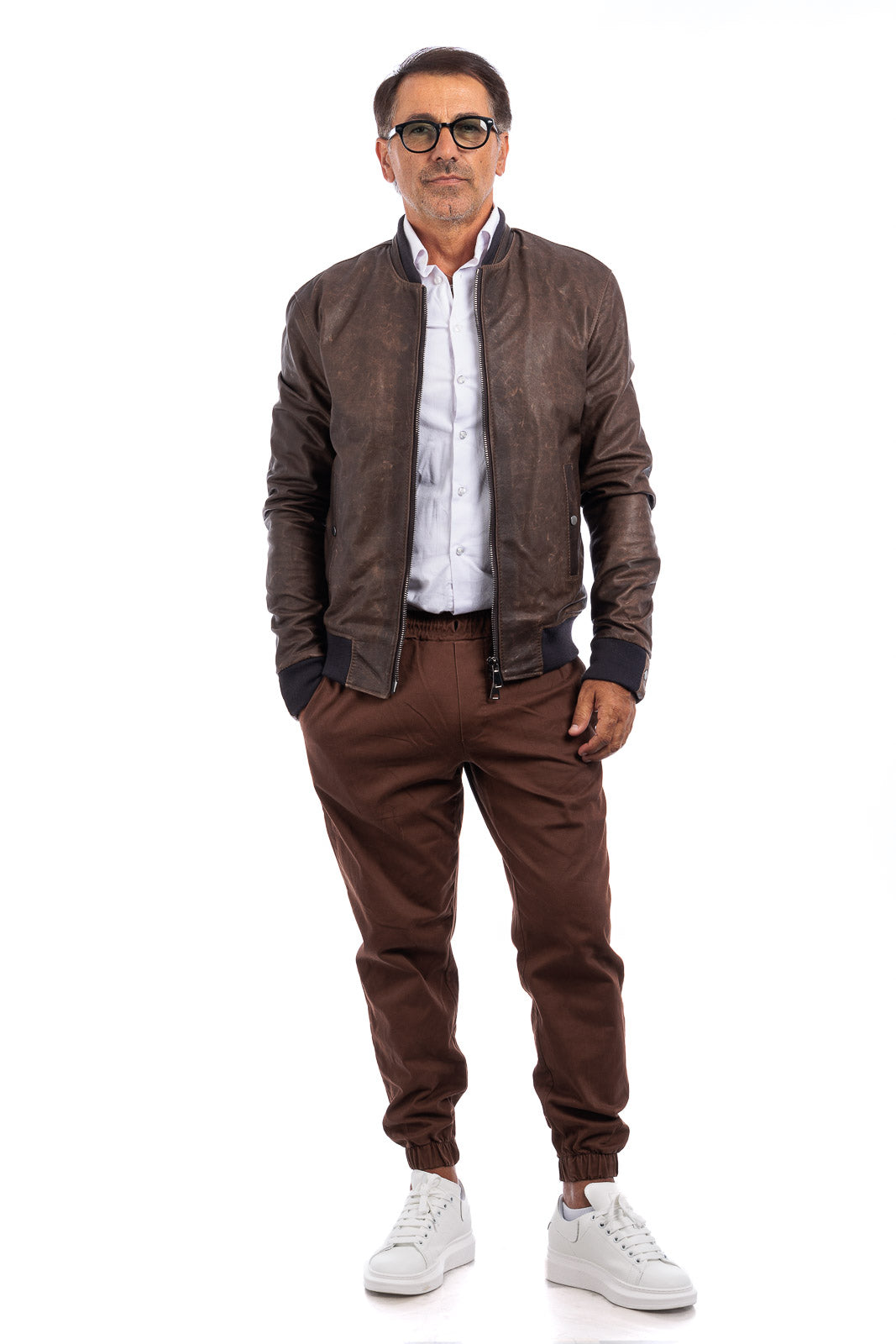 Bomber in pelle con zip monza testa di moro scrivente