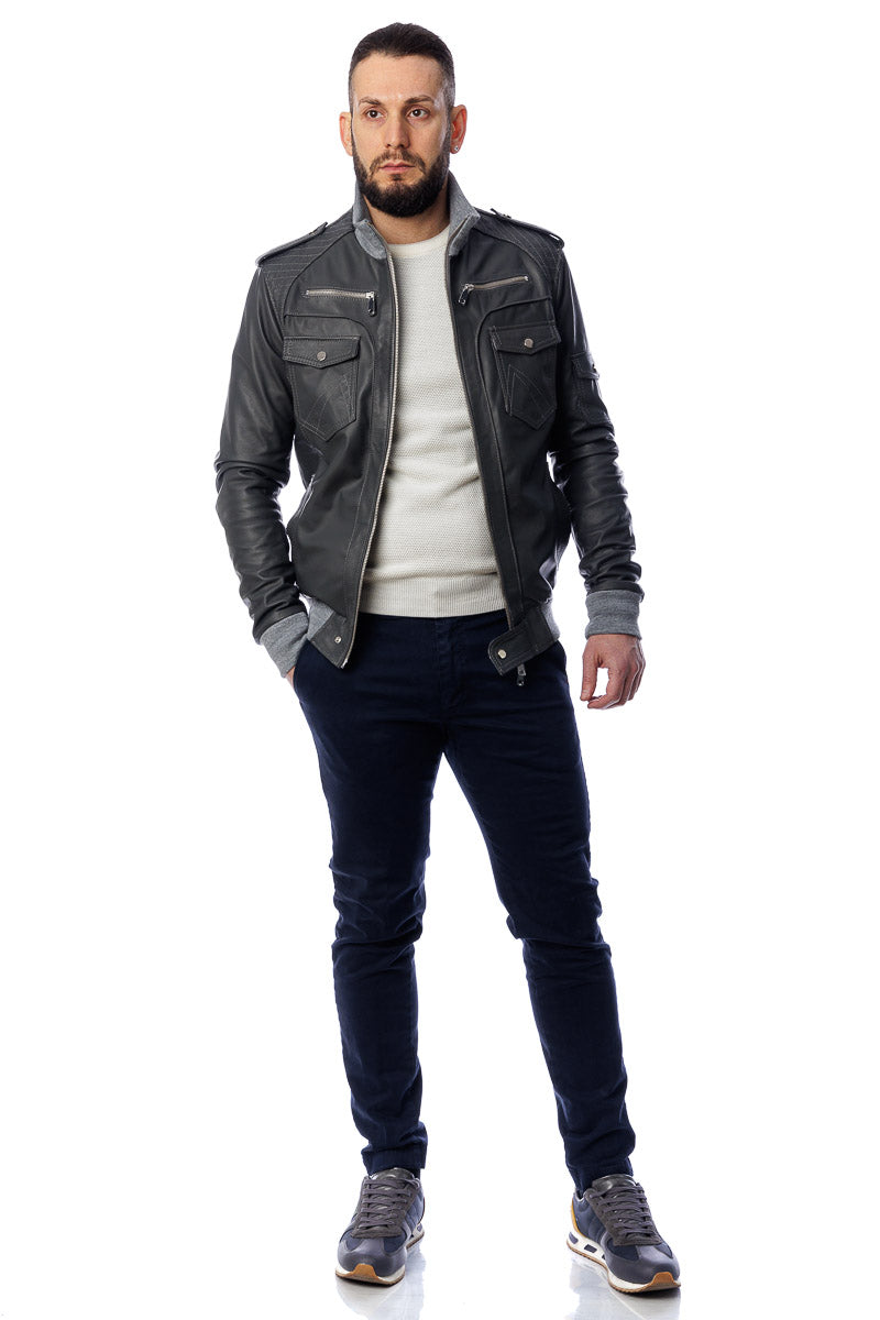 Bomber in pelle con zip TAK grigio