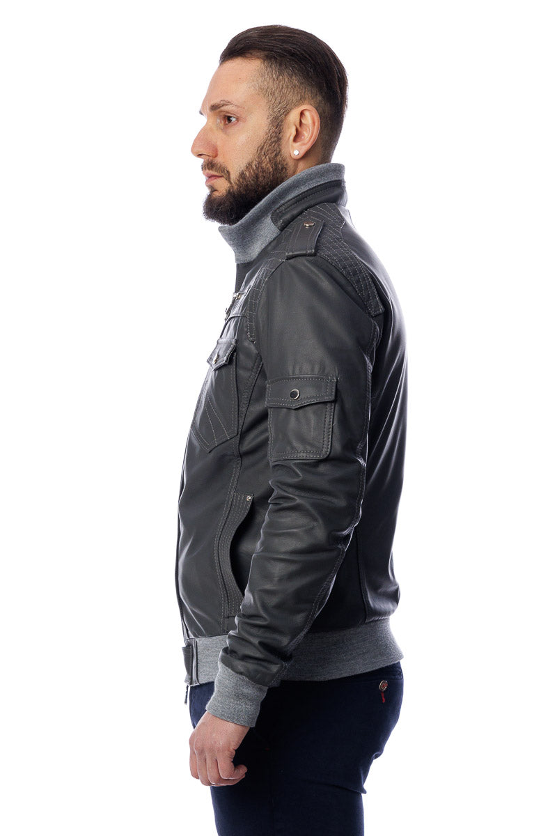Bomber in pelle con zip TAK grigio