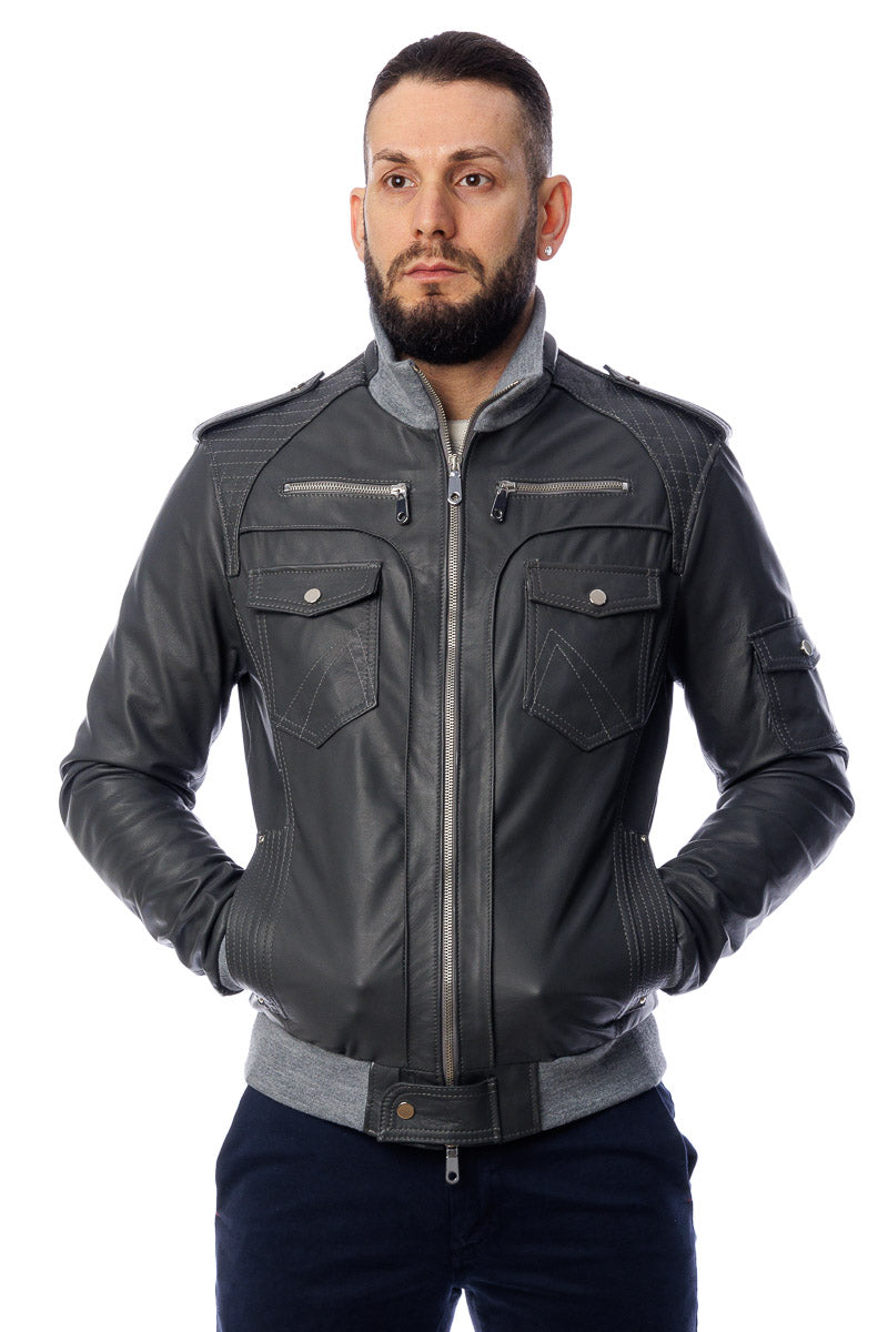 Bomber in pelle con zip TAK grigio