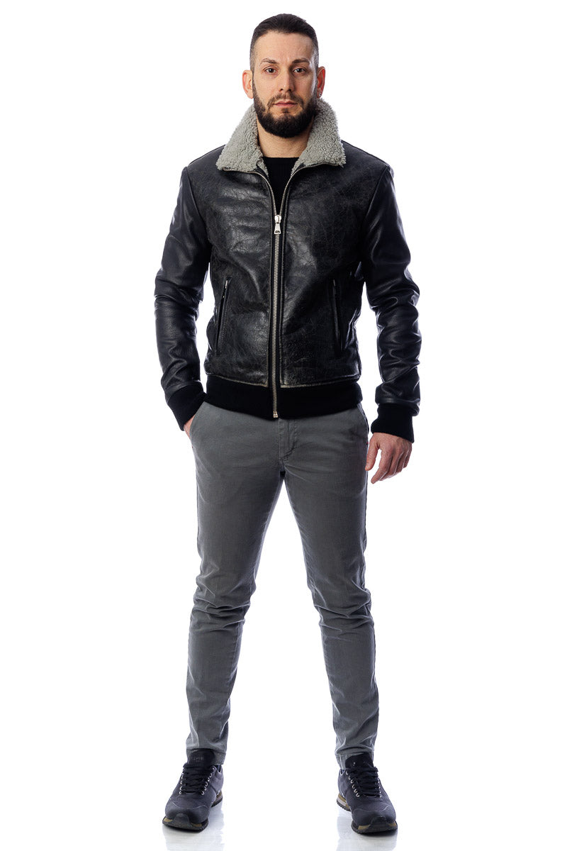 Bomber montone uomo Shearling con zip pelo grigio