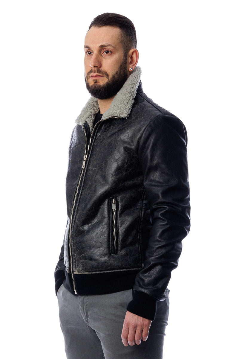 Bomber montone uomo Shearling con zip pelo grigio