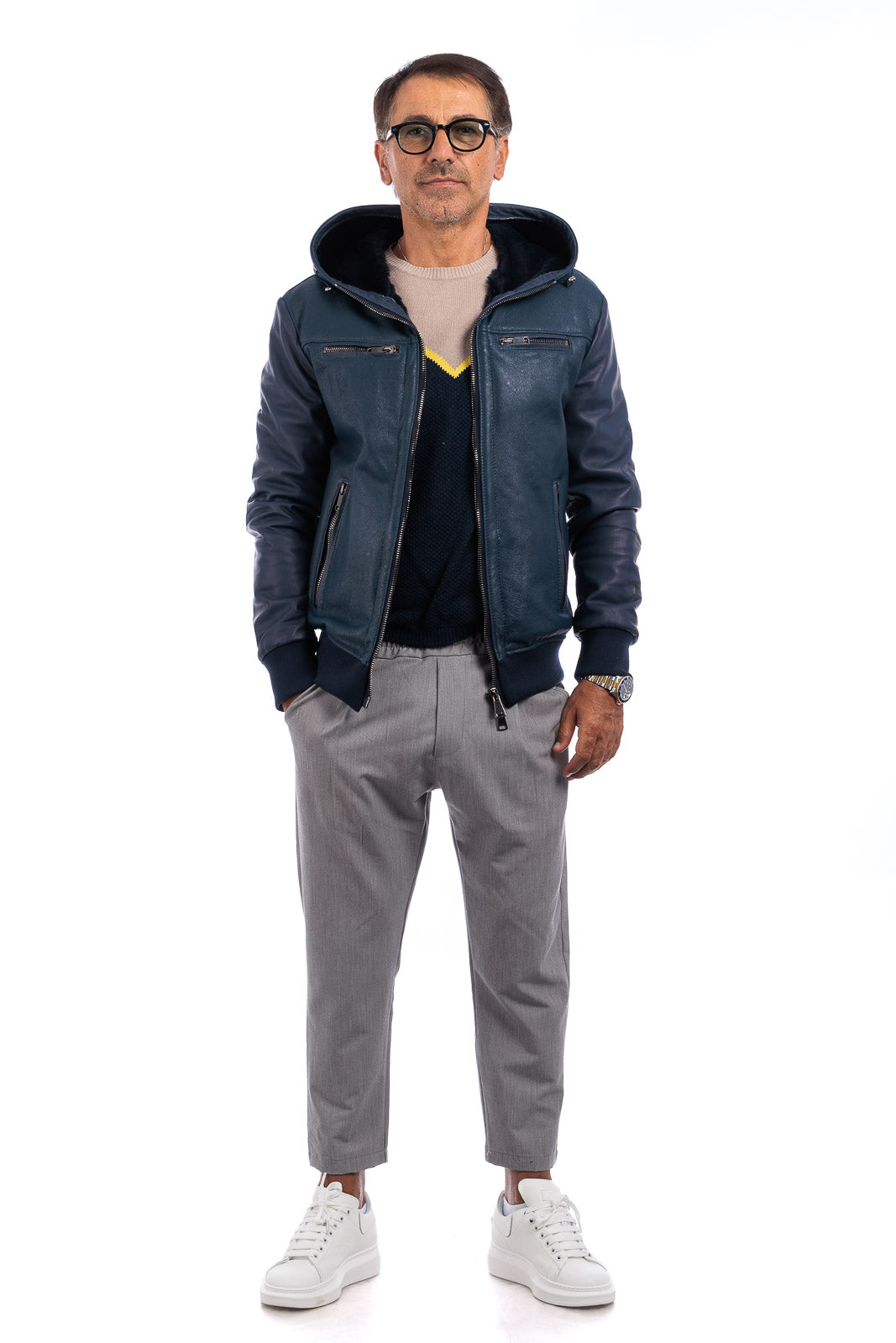 Bomber montone blu pelo nero uomo con zip e taschino