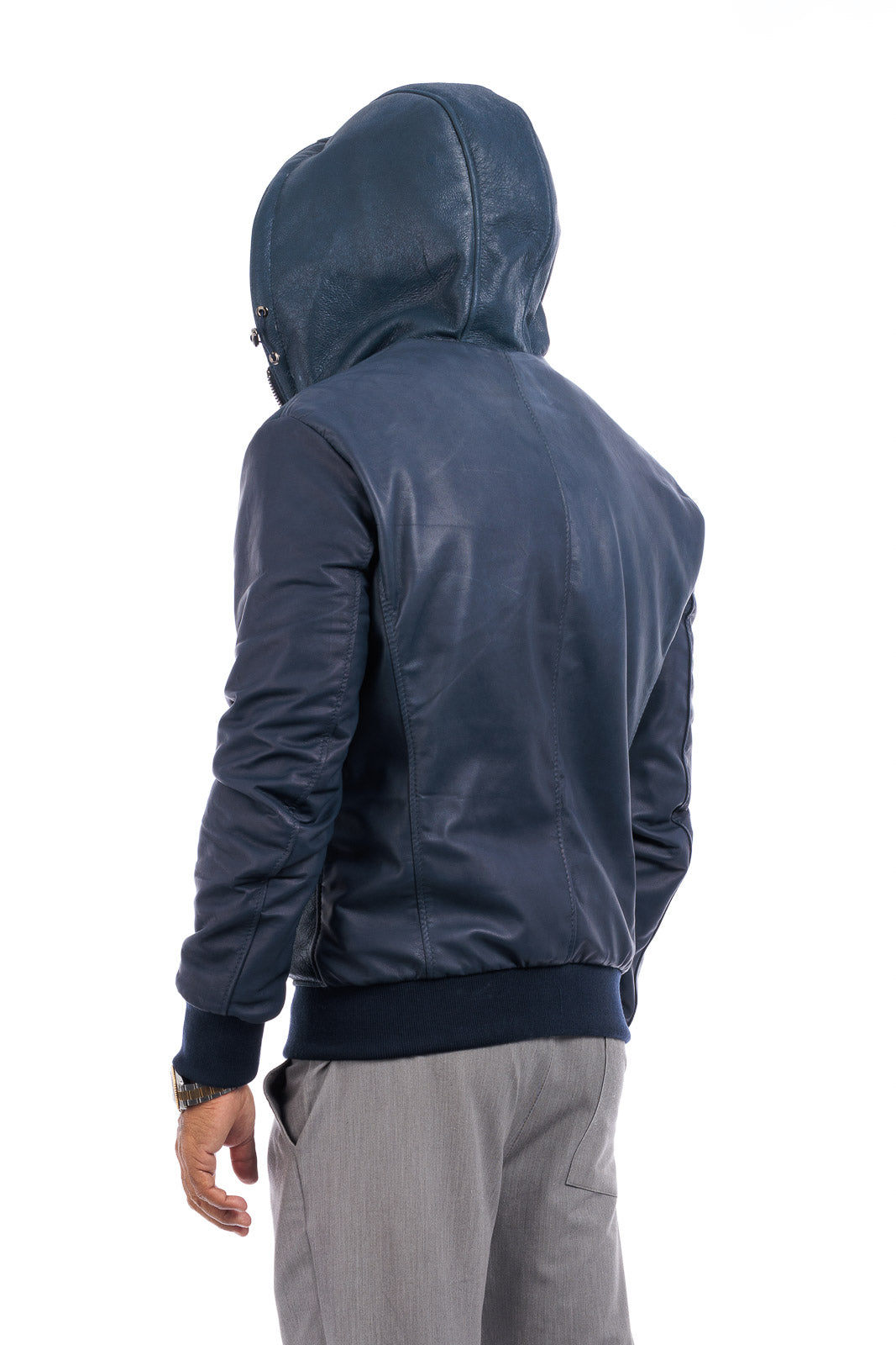 Bomber montone blu pelo nero uomo con zip e taschino