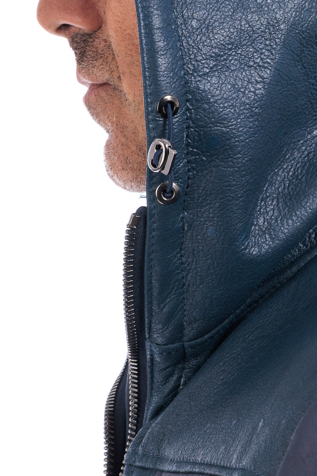 Bomber montone blu pelo nero uomo con zip e taschino