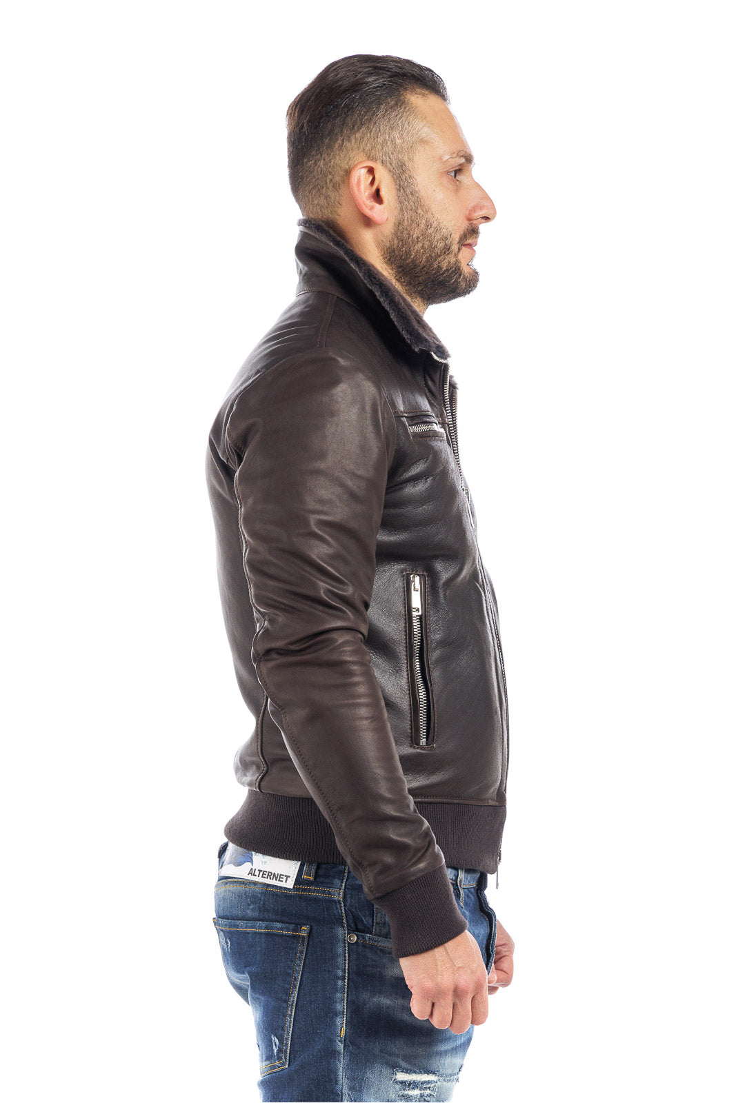 Bomber montone shearling uomo testa di moro con pelo brisee