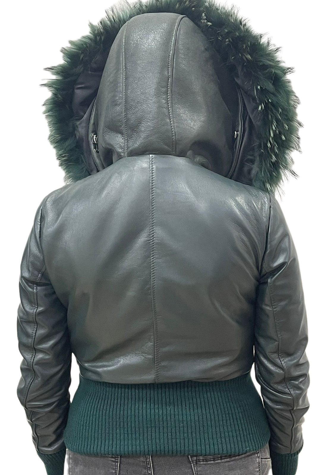 Bomber montone verde donna con zip e cappuccio