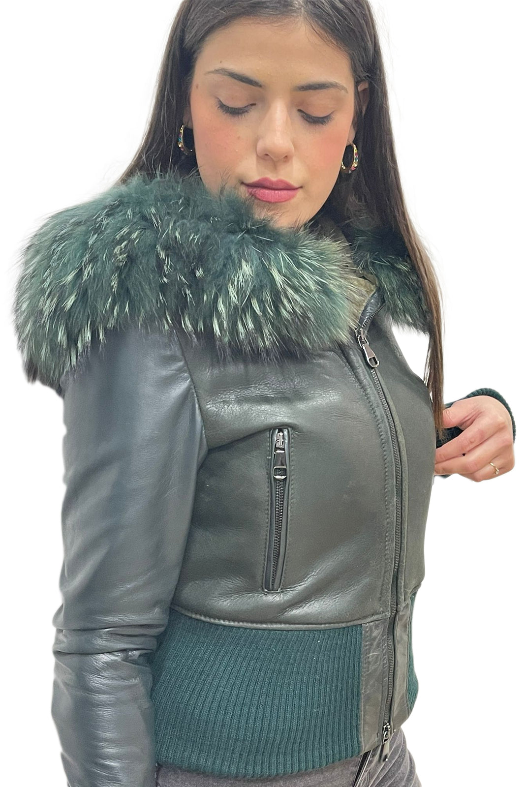 Bomber montone verde donna con zip e cappuccio