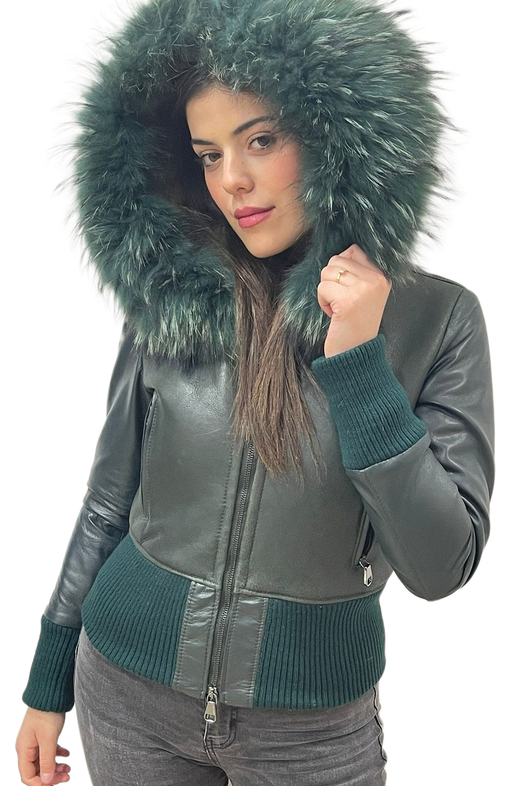 Bomber montone verde donna con zip e cappuccio