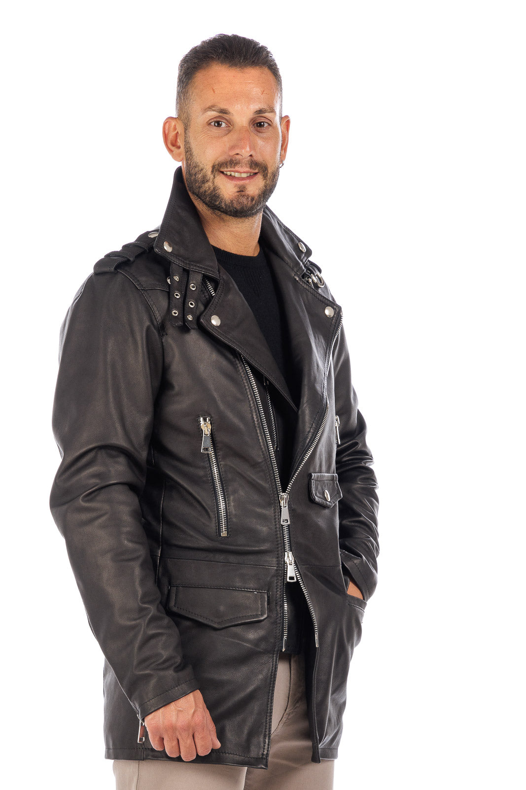 Cappottino chiodo in vera pelle uomo con zip nero