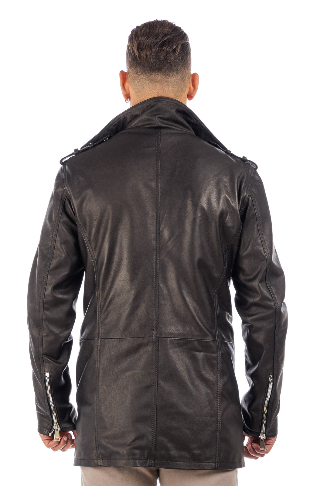 Cappottino chiodo in vera pelle uomo con zip nero