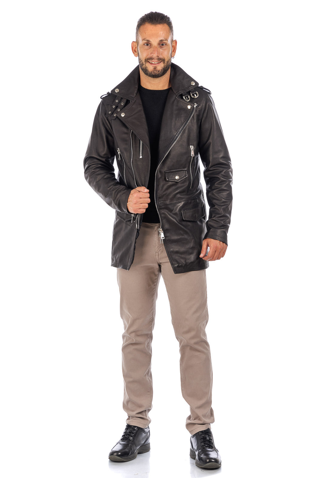 Cappottino chiodo in vera pelle uomo con zip nero