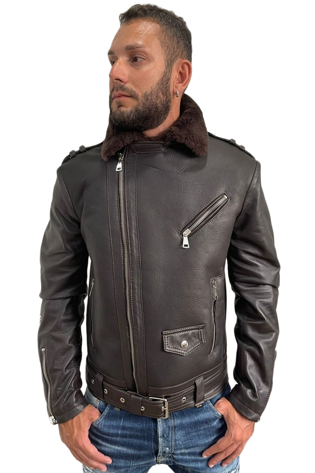 Chiodo montone con maniche in pelle uomo con zip