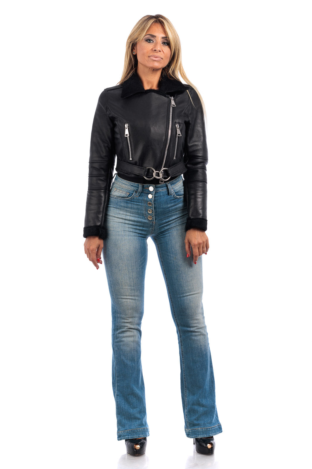 Giacca chiodo in montone nero donna con zip BELT