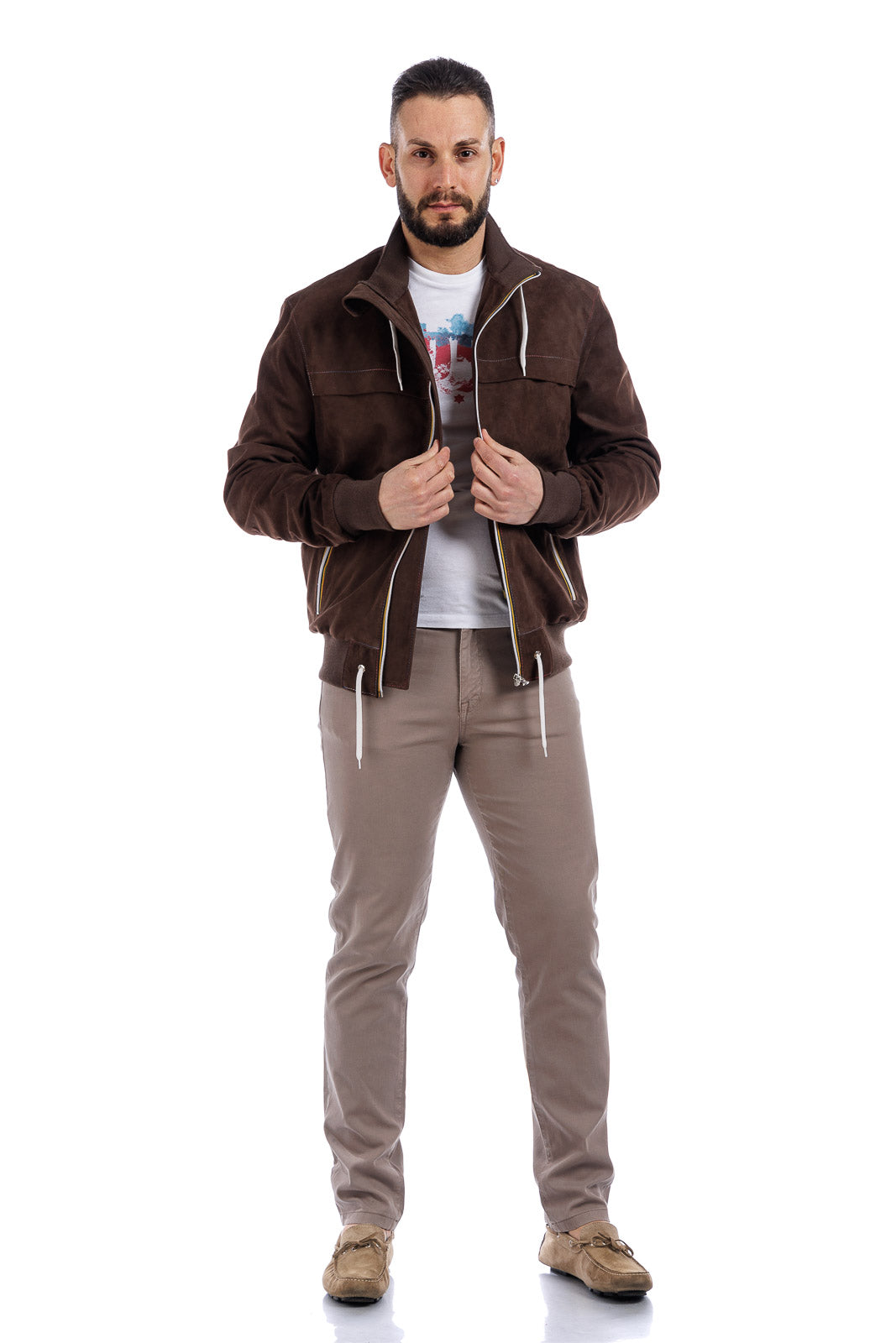 Bomber Gold Bunn marrone in camoscio di renna con zip