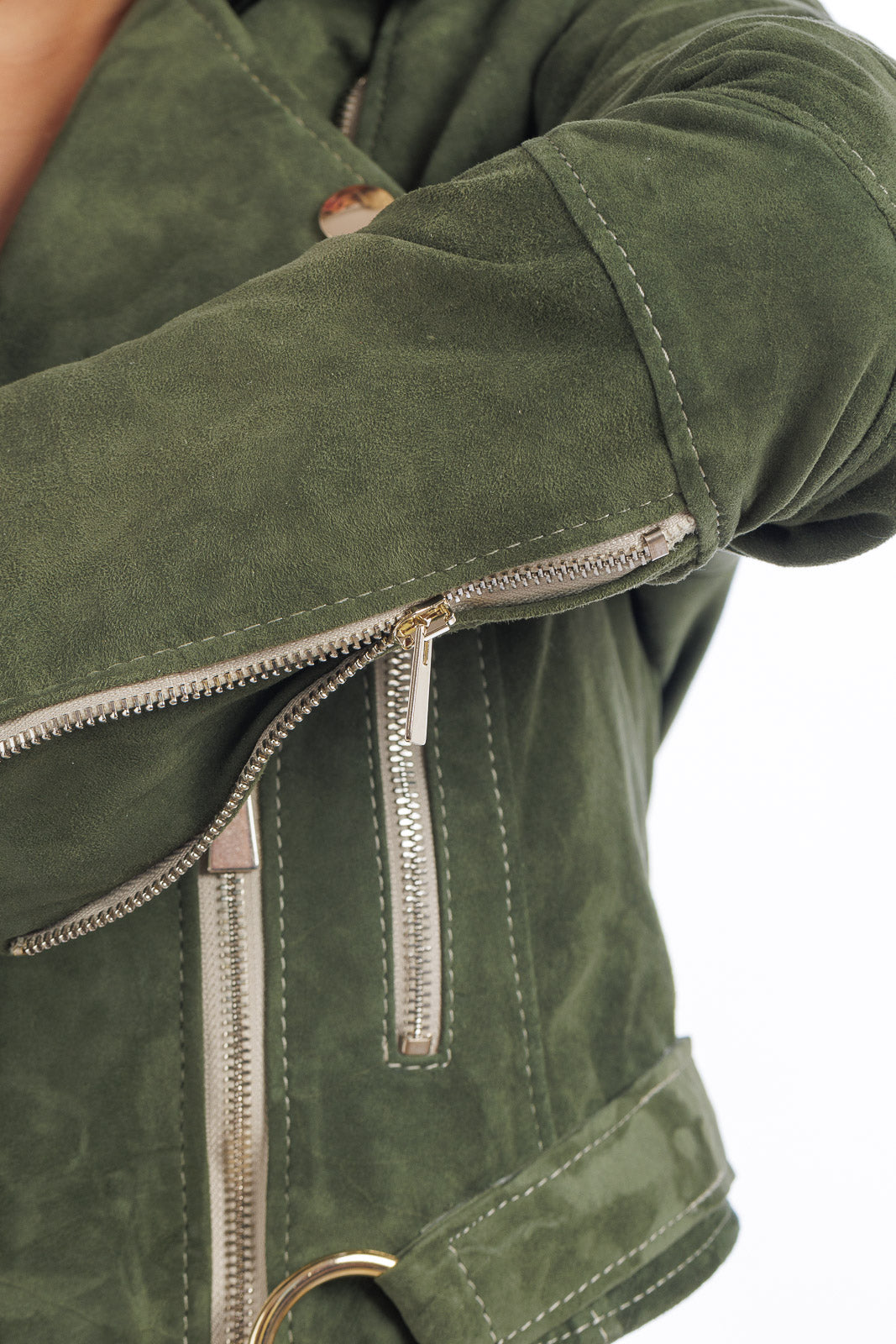 Giacca chiodo in camoscio di renna donna con zip BELT verde