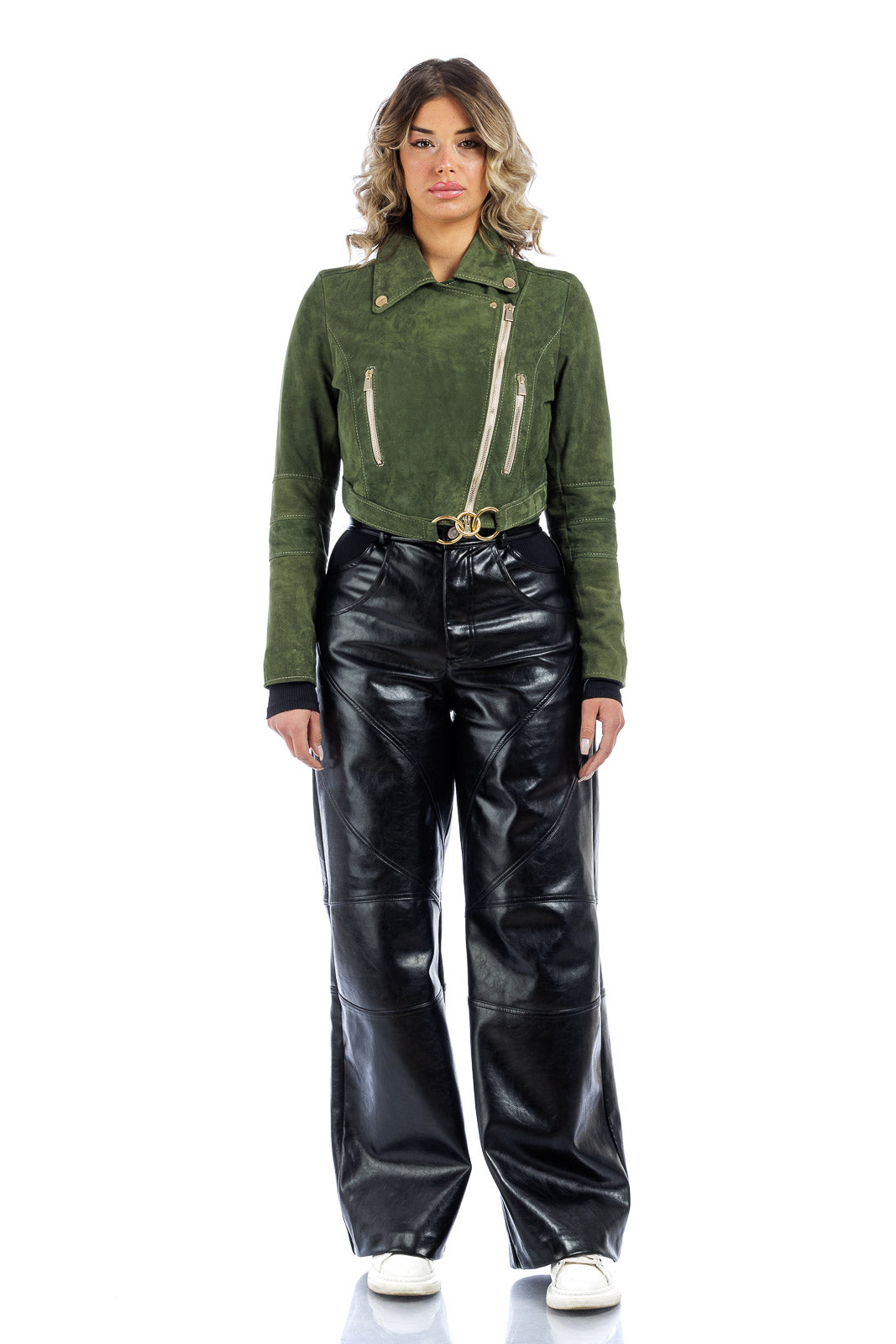 Giacca chiodo in camoscio di renna donna con zip BELT verde