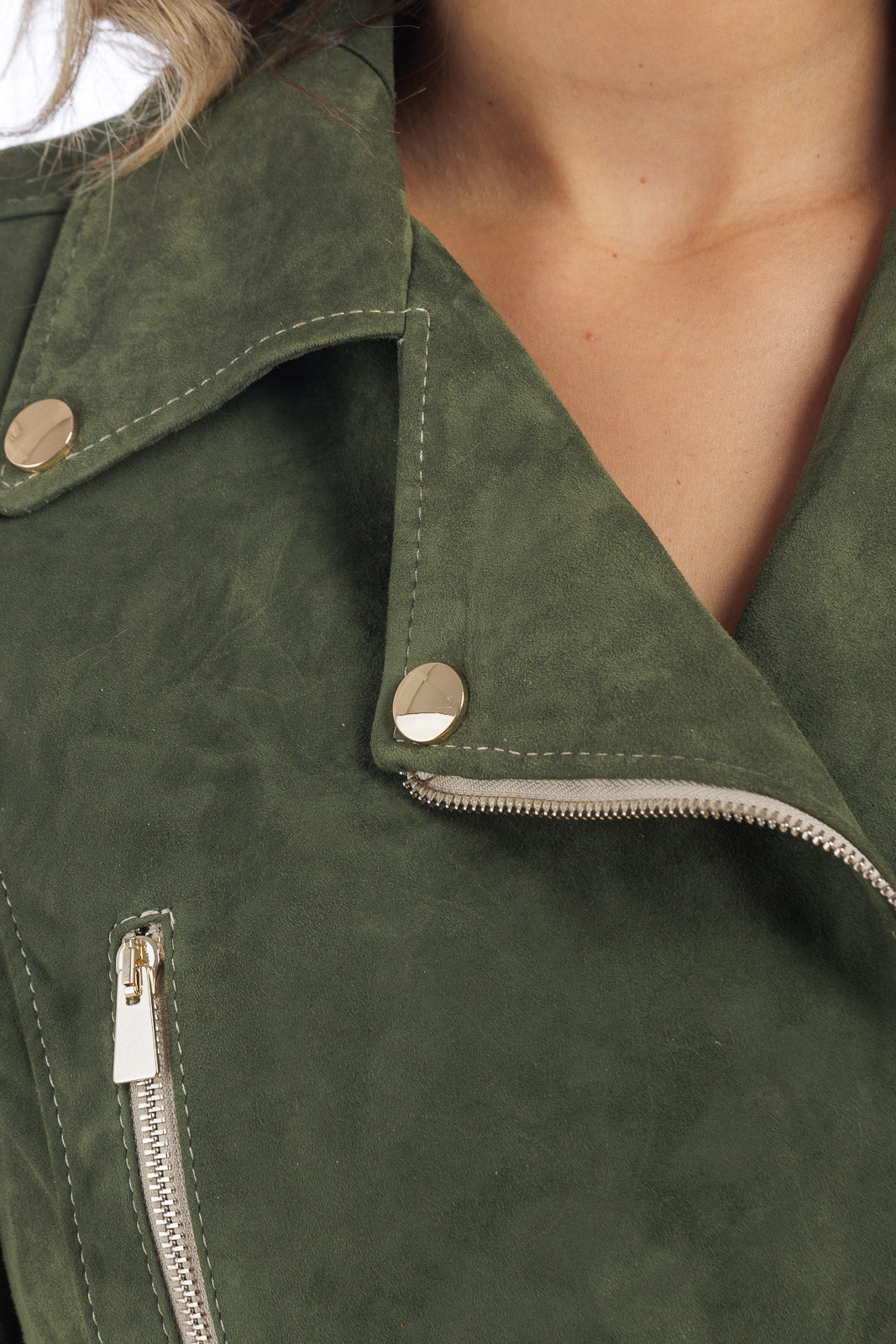 Giacca chiodo in camoscio di renna donna con zip BELT verde