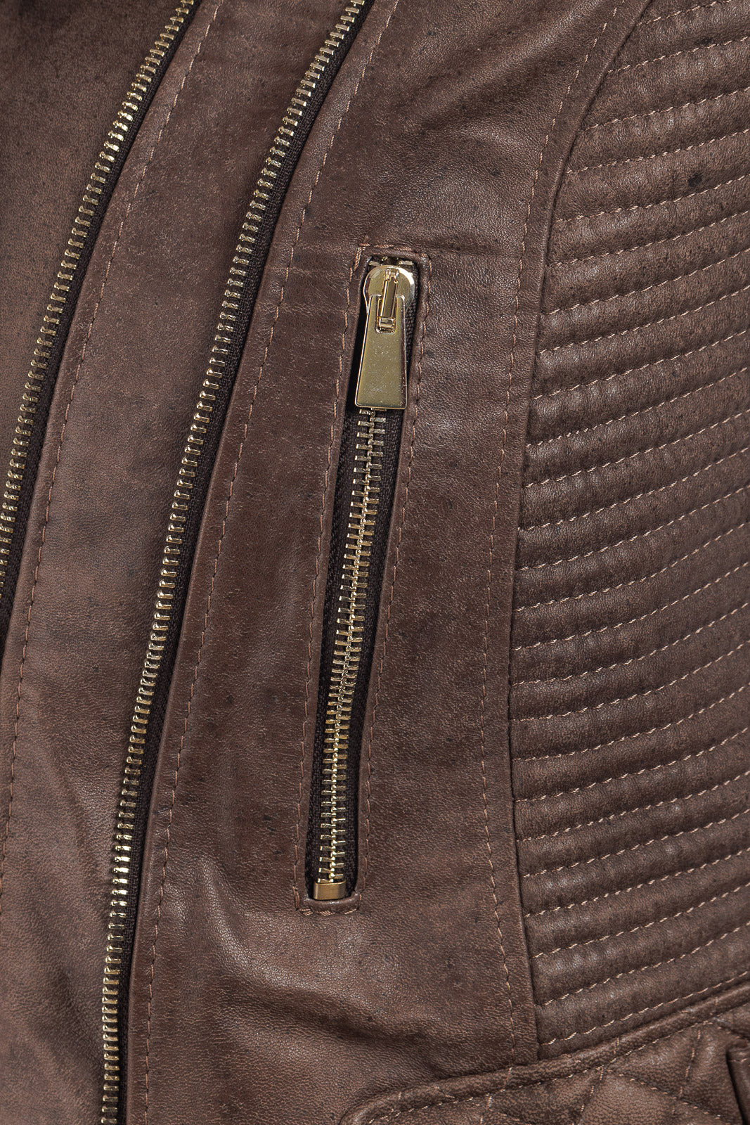 Giacca in pelle donna con zip chiodo 3000 punti a mano marrone