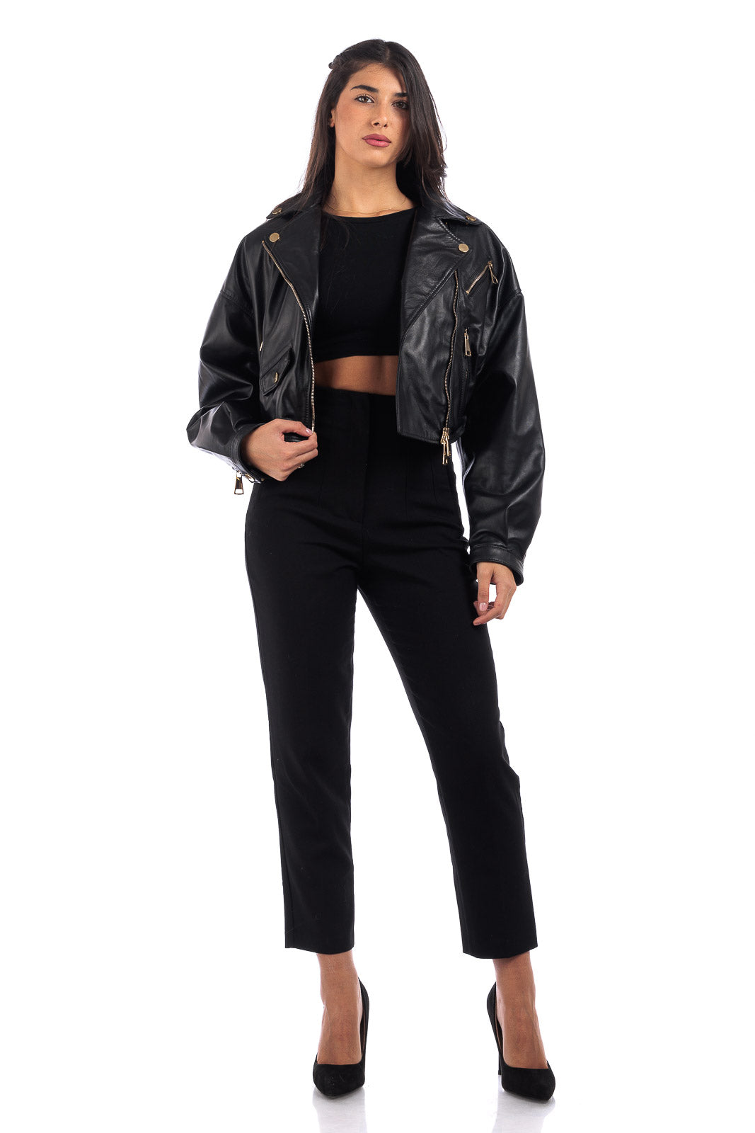 Giacca in pelle donna con zip Chiodo nero OVER