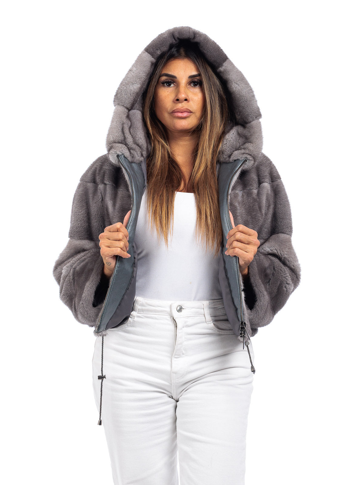 Giacca in pelliccia di Visone SILVER con cappuccio