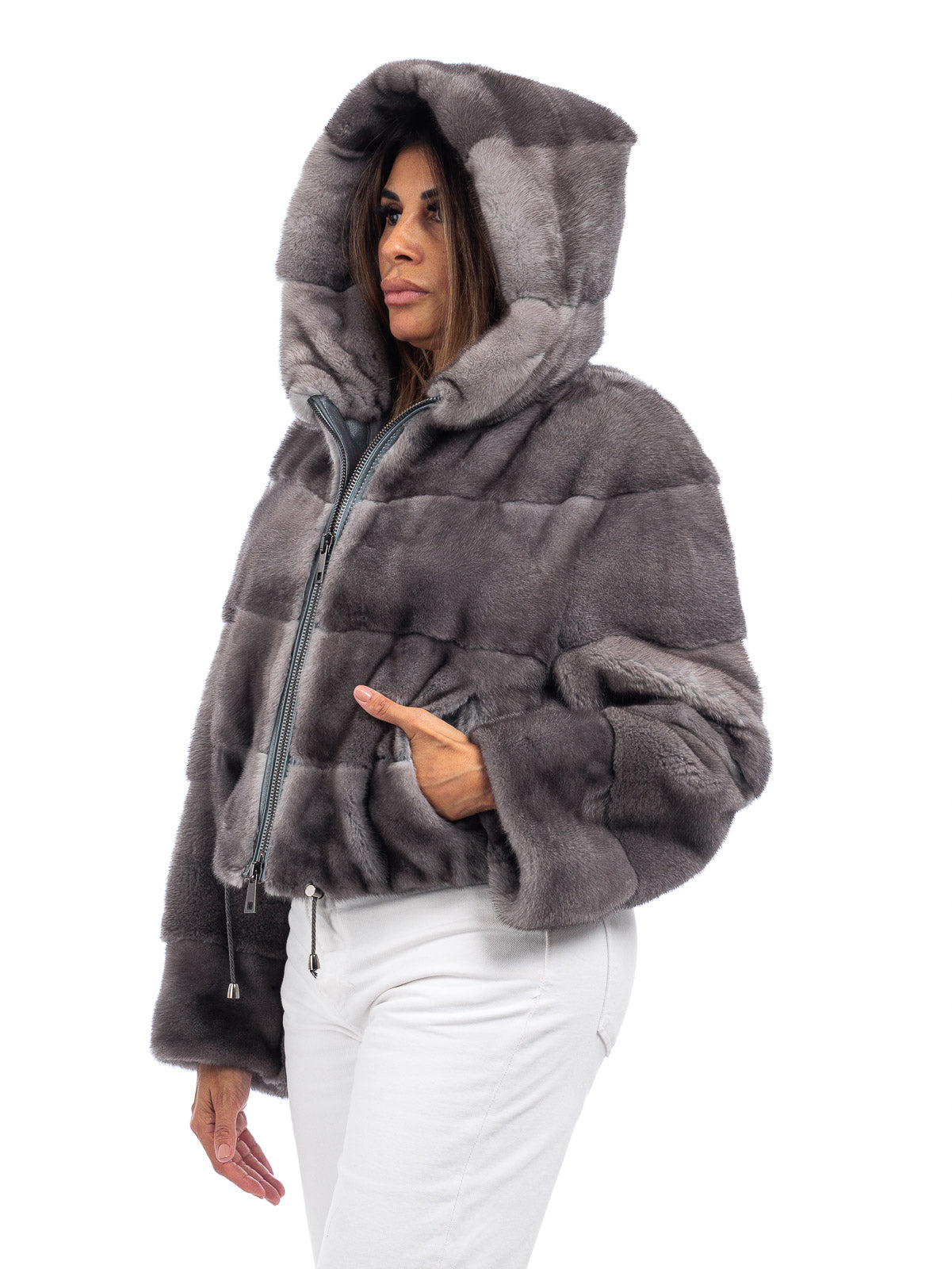 Giacca in pelliccia di Visone SILVER con cappuccio