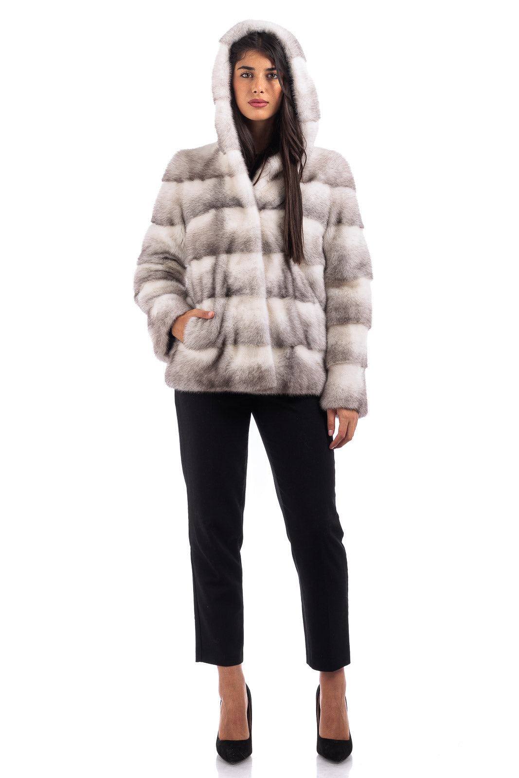 Giacca in pelliccia donna di Visone black cross con Cappuccio