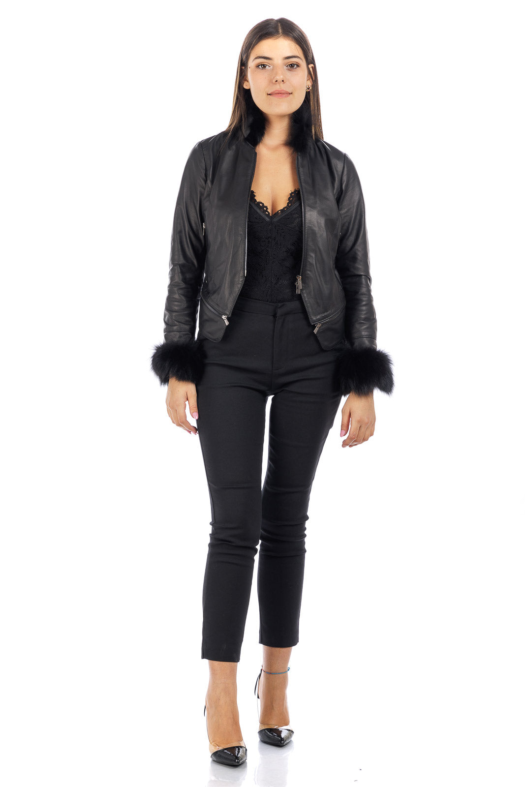Giacca in vera pelle donna STAK con collo e polso in volpe nera