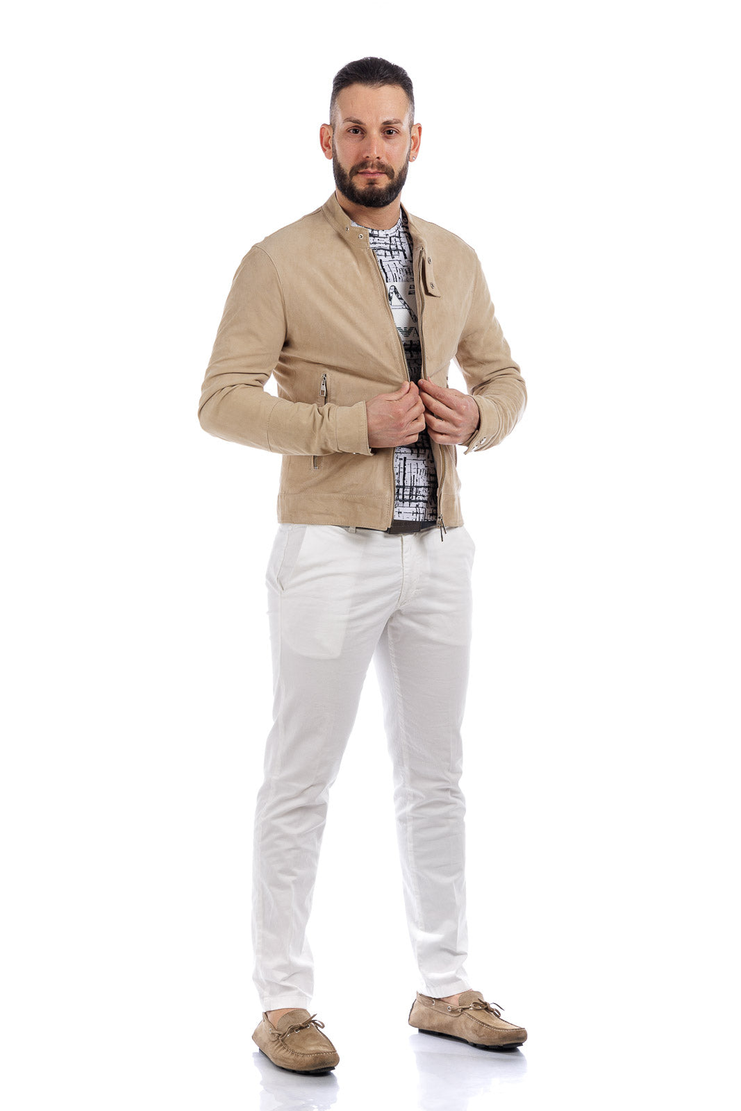 Giacca in camoscio di renna uomo con zip Reese sabbia