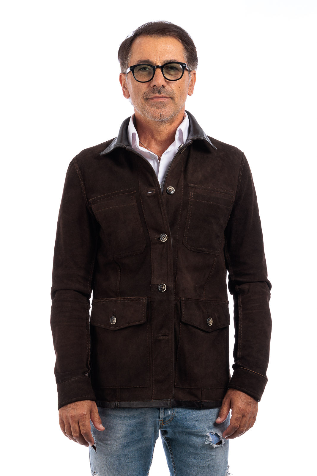 Giacca sahariana double face in pelle e camoscio idrorepellente uomo testa di moro