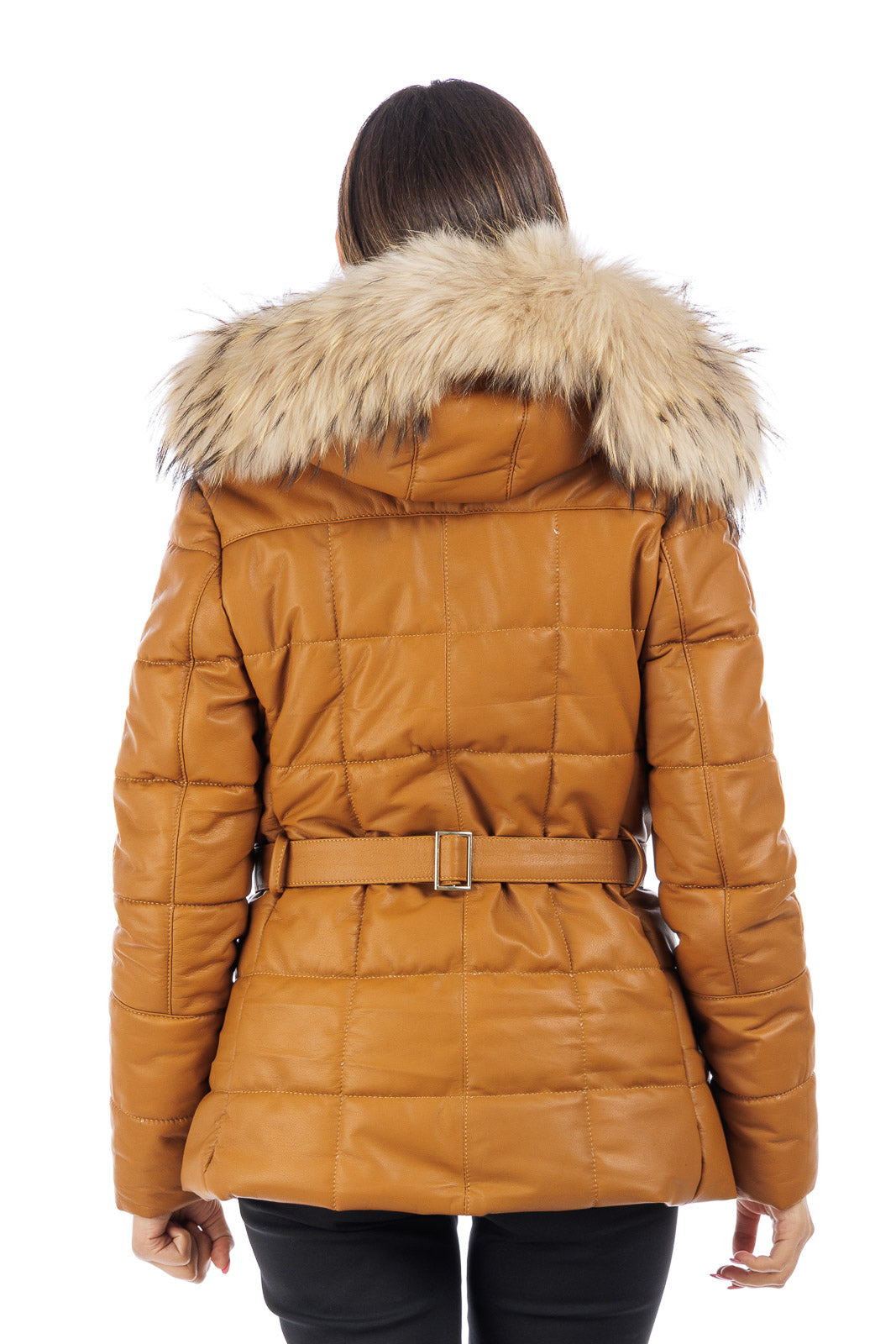 Piumino miele in pelle con cappuccio bordato in murmasky