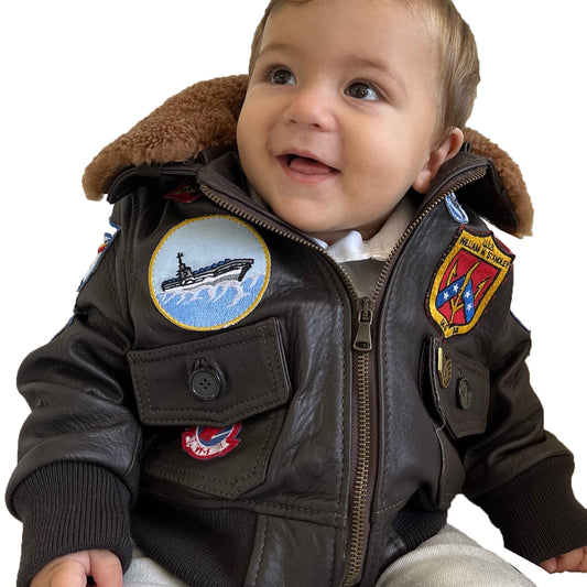 Giacca in vera pelle con zip con toppe e collo in montone TOP GUN bambino