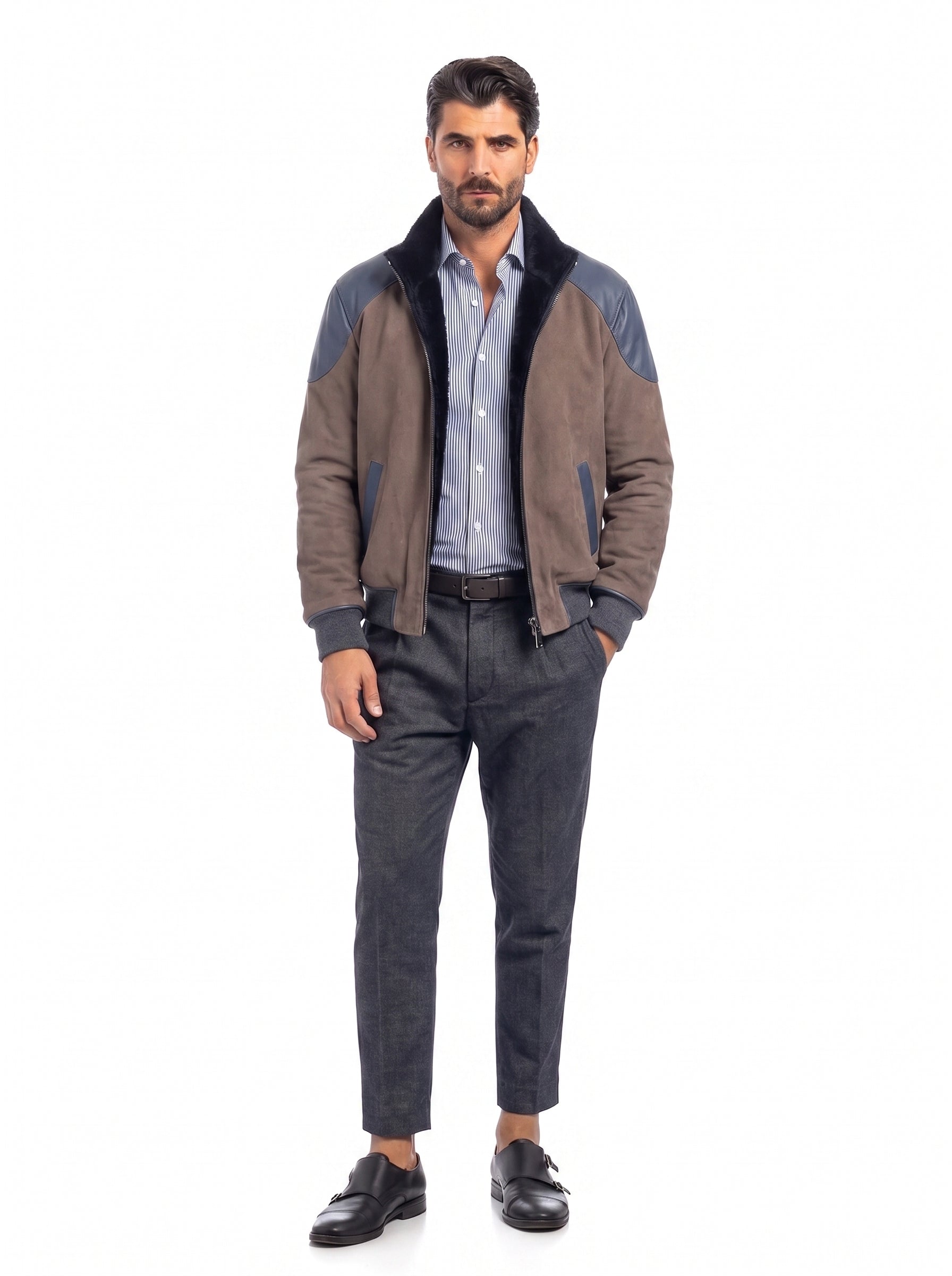 Bomber montone taupe con applicazioni blu uomo