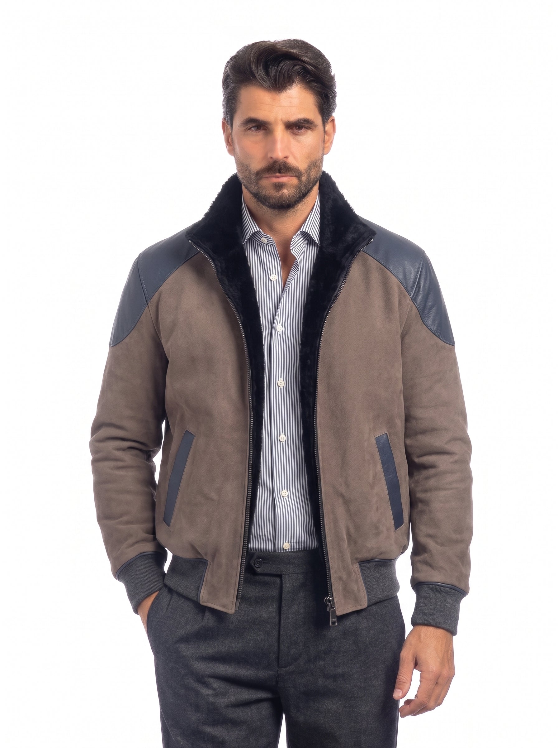 Bomber montone taupe con applicazioni blu uomo