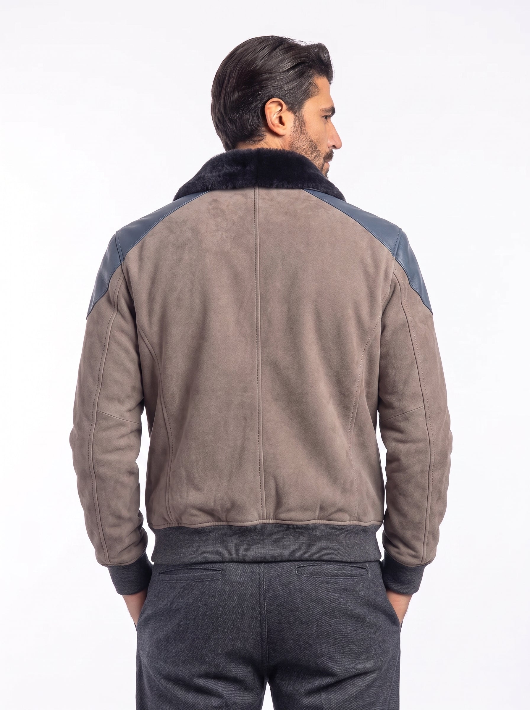 Bomber montone taupe con applicazioni blu uomo
