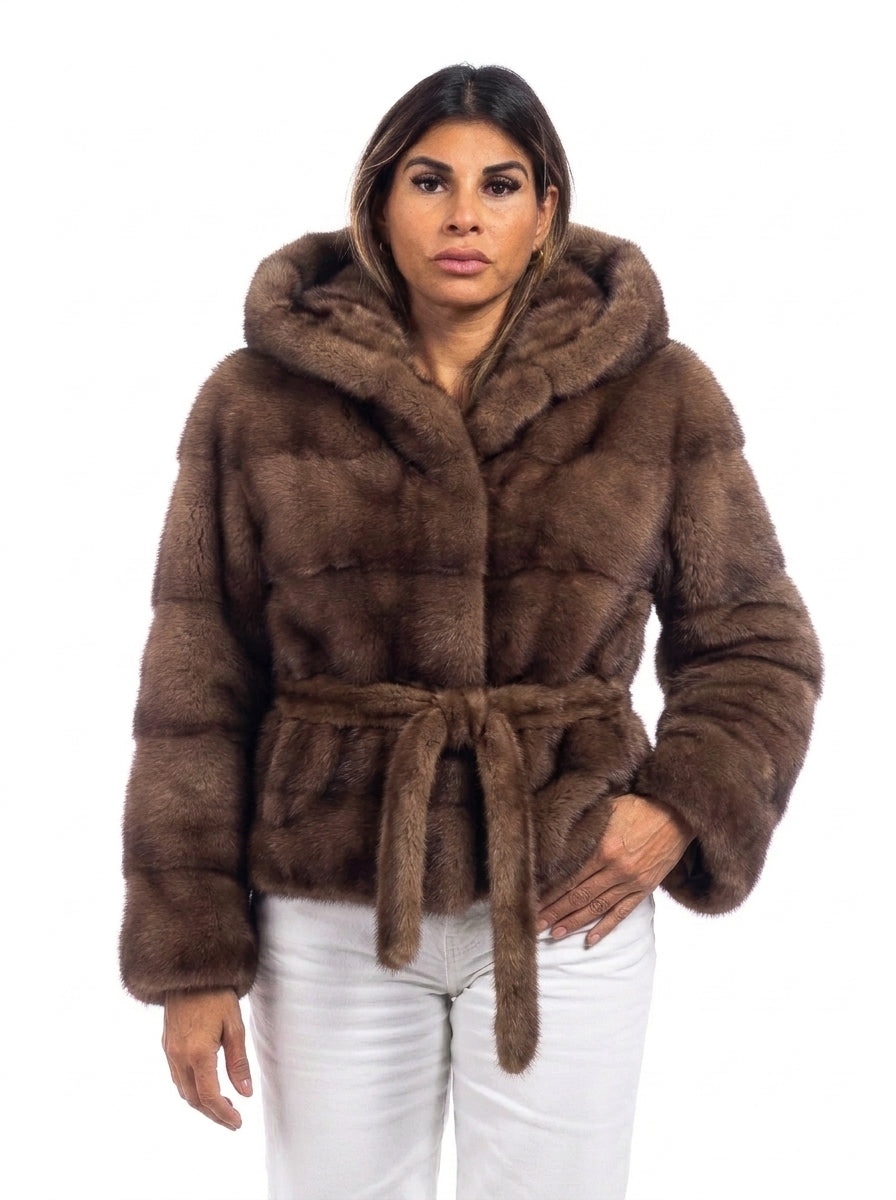 Giacca in pelliccia di Visone demi buff con Cappuccio e cintura