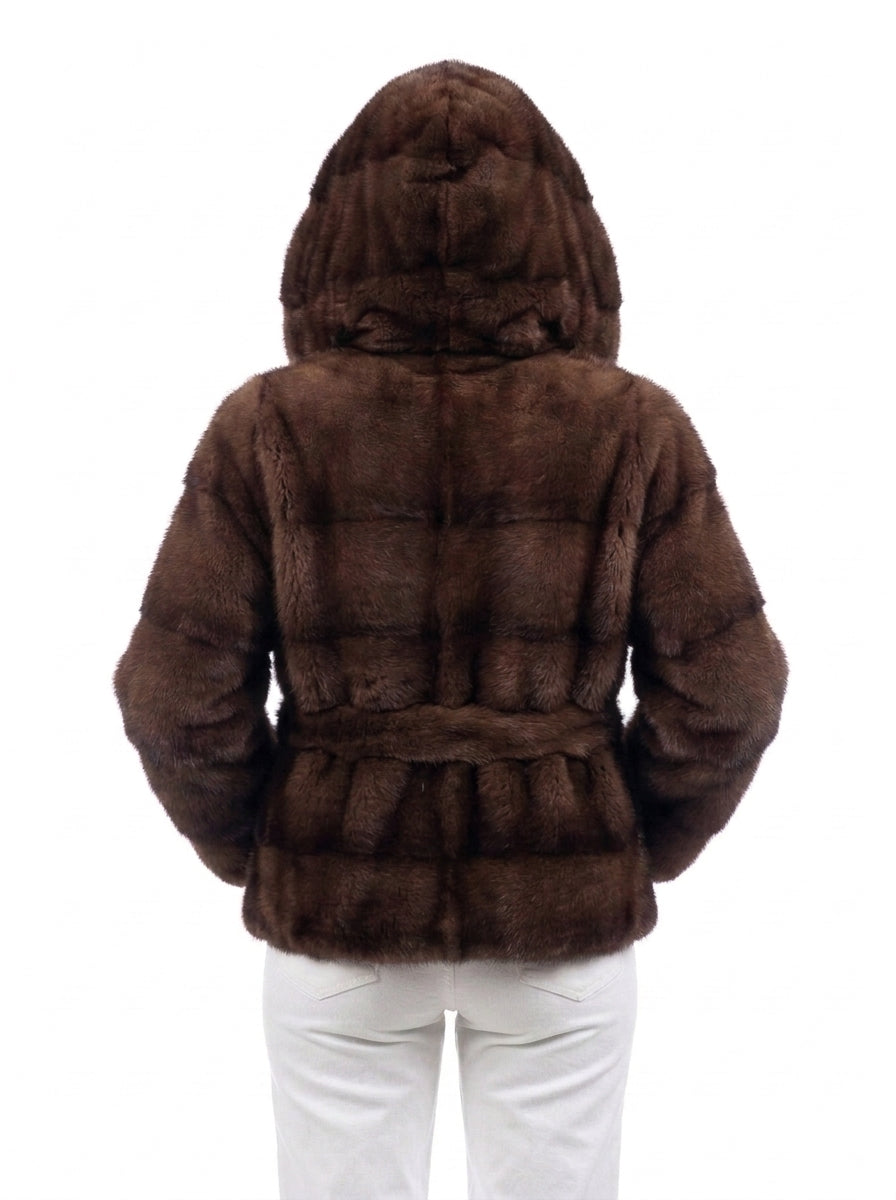 Giacca in pelliccia di Visone demi buff con Cappuccio e cintura