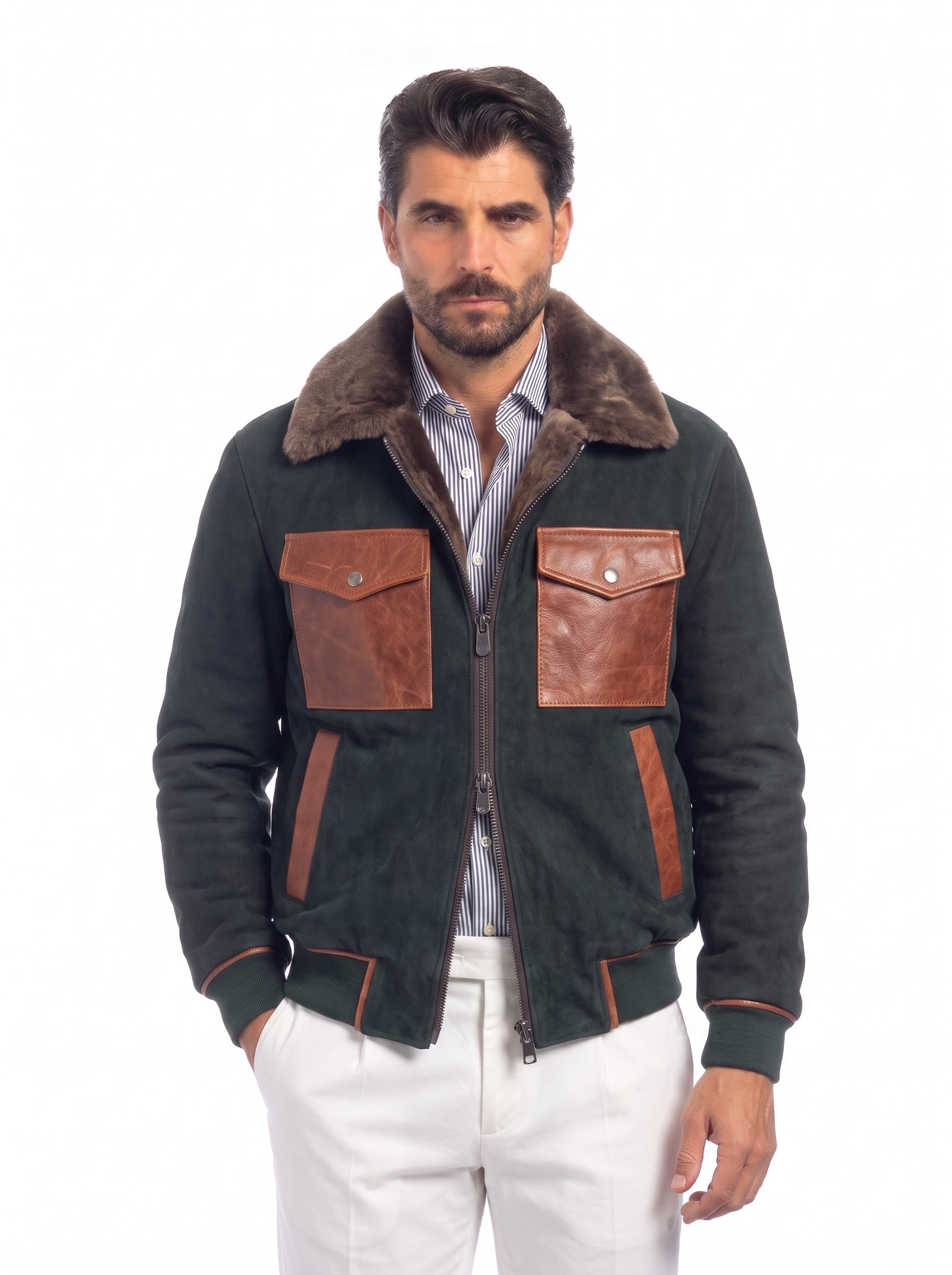 Bomber montone e camoscio di renna verde uomo