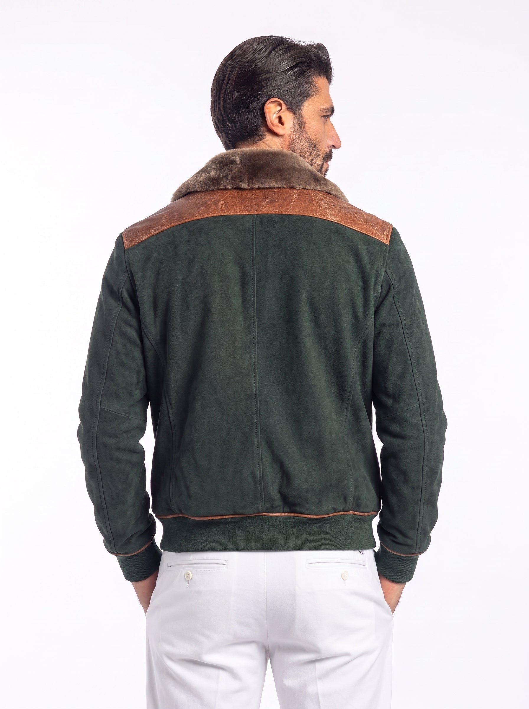 Bomber montone e camoscio di renna verde uomo