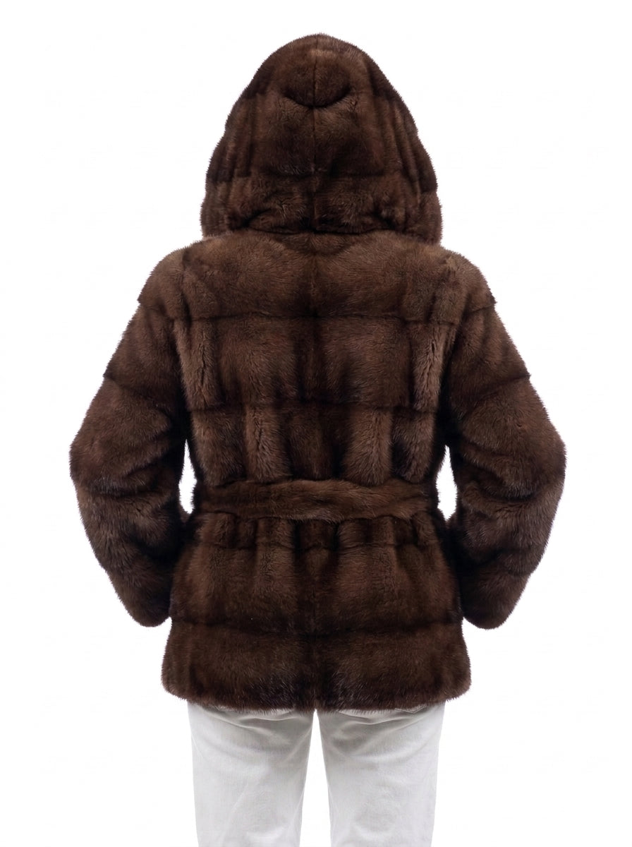 Giacca lunga in pelliccia di Visone demi buff con Cappuccio e cintura