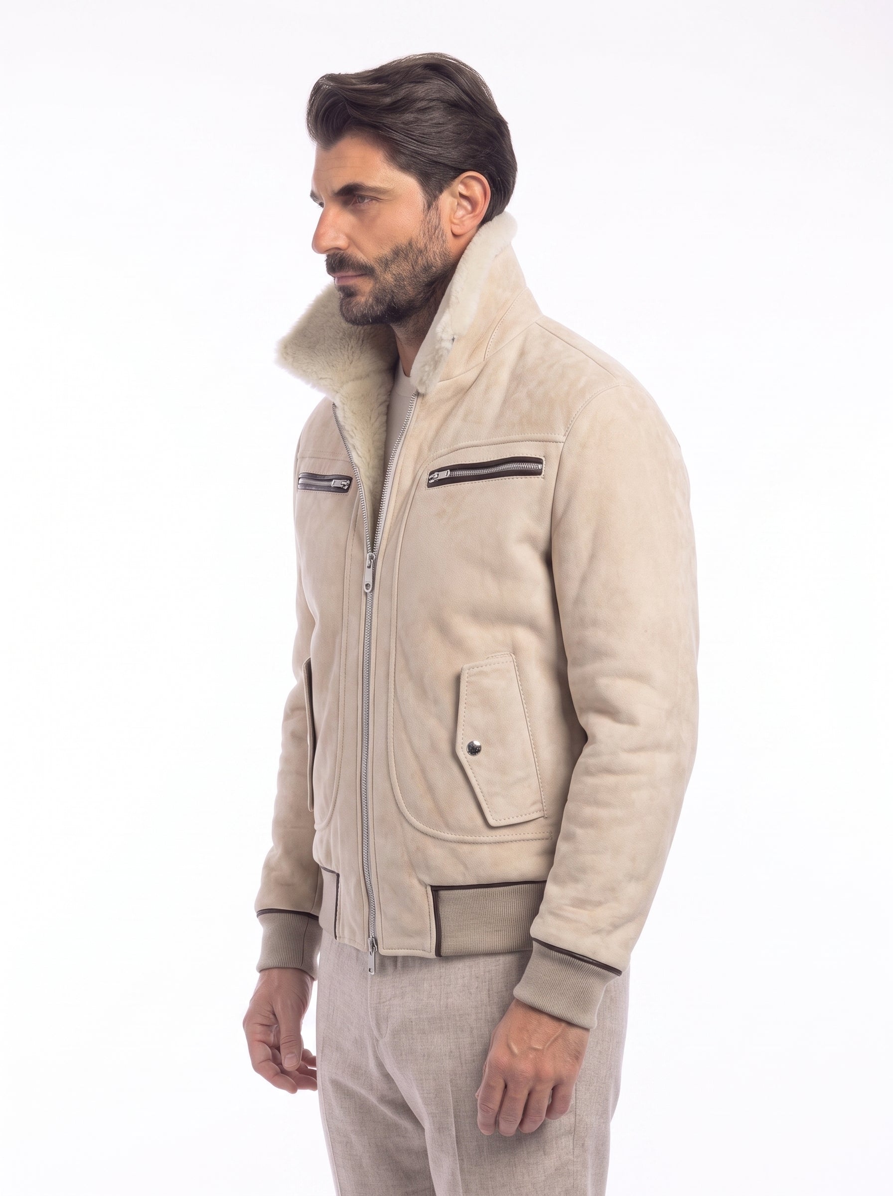 Bomber montone e camoscio di renna uomo sabbia