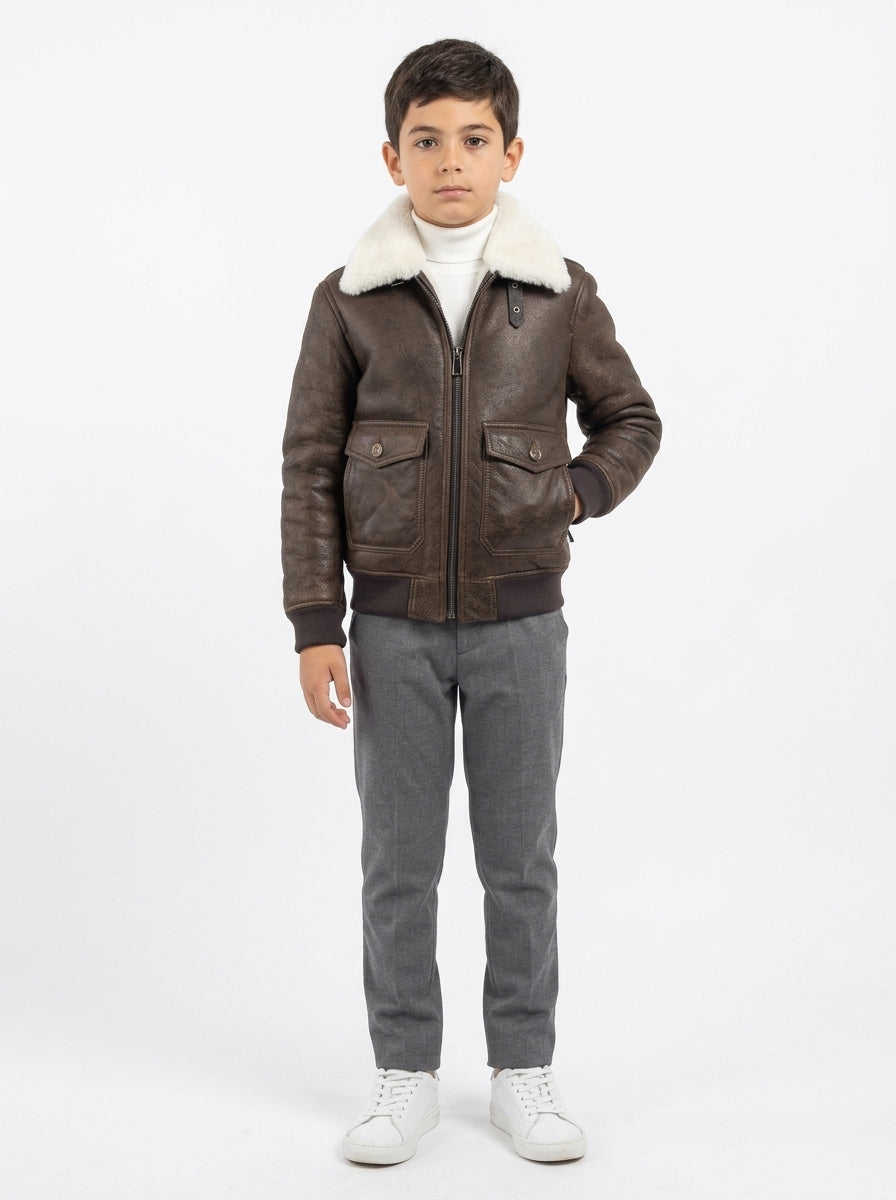 Bomber interamente in montone marrone pelo bianco con zip VAST bambino