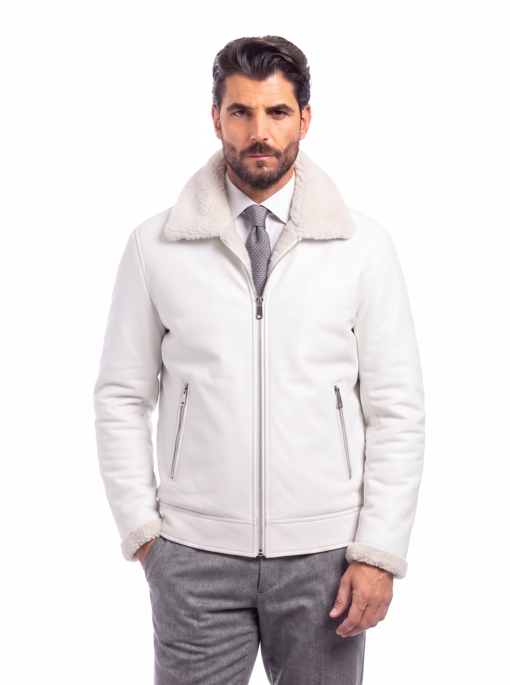 Giacca biker montone uomo panna