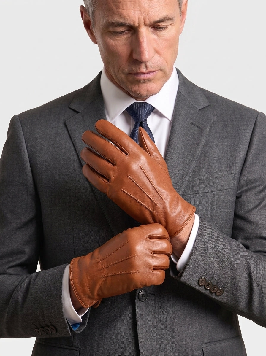 Guanto in vera pelle da uomo 3 stripes cognac foderato cashmire